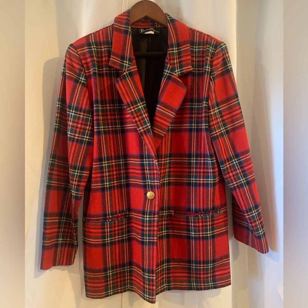 Barrie Stephens Red Plaid One-Button Blazer Jacket Vintage 1990s Size Small